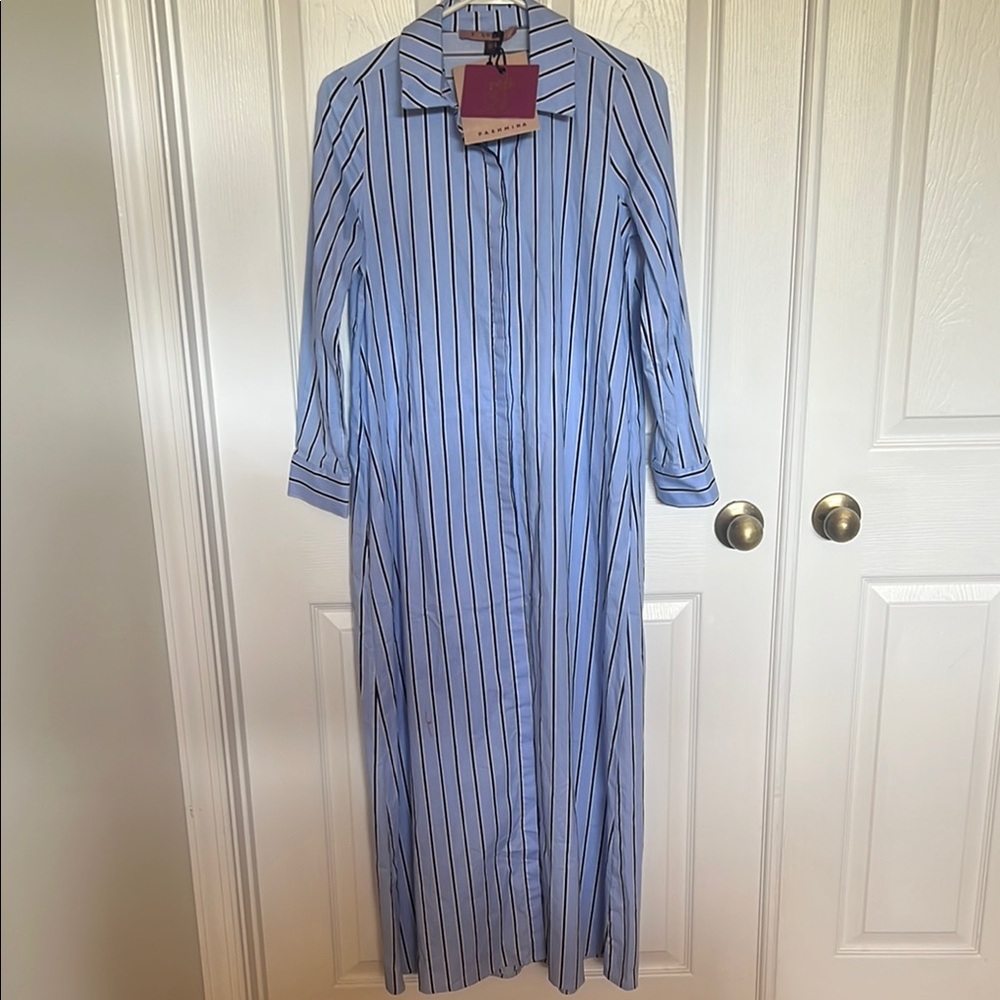 Pashmina Blue and Black Striped Long Sleeve Dress